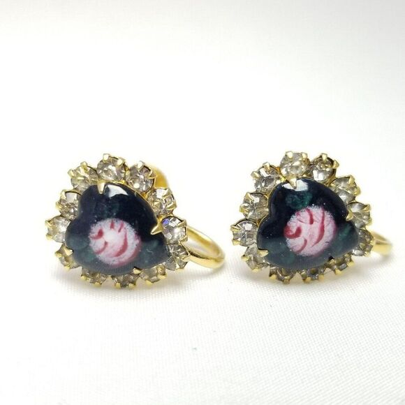 Vintage Enamel Heart Rhinestone Halo Clip On Earrings, Prong Set Screw Backs - Picture 2 of 6